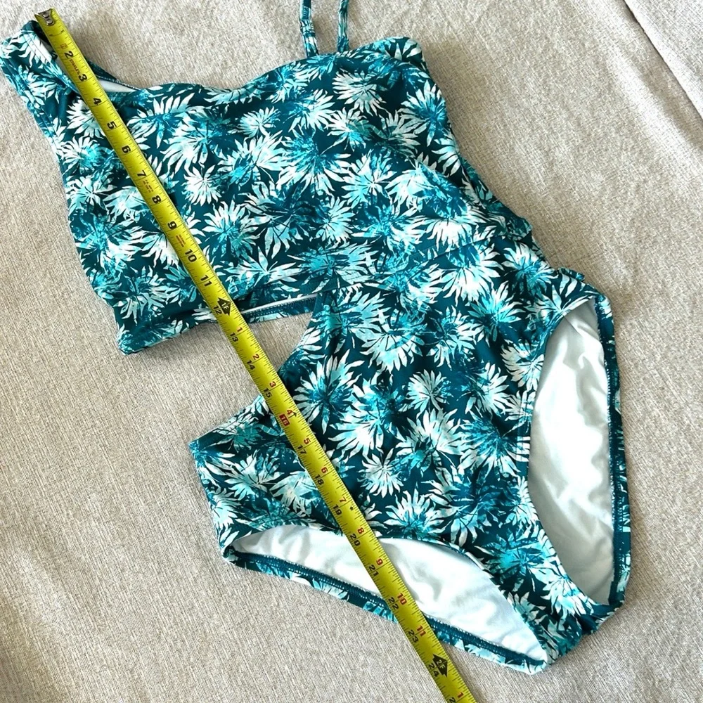 Michael Kors Swimsuit One Piece Cut Out Side One Shoulder Adjustable Teal Palms